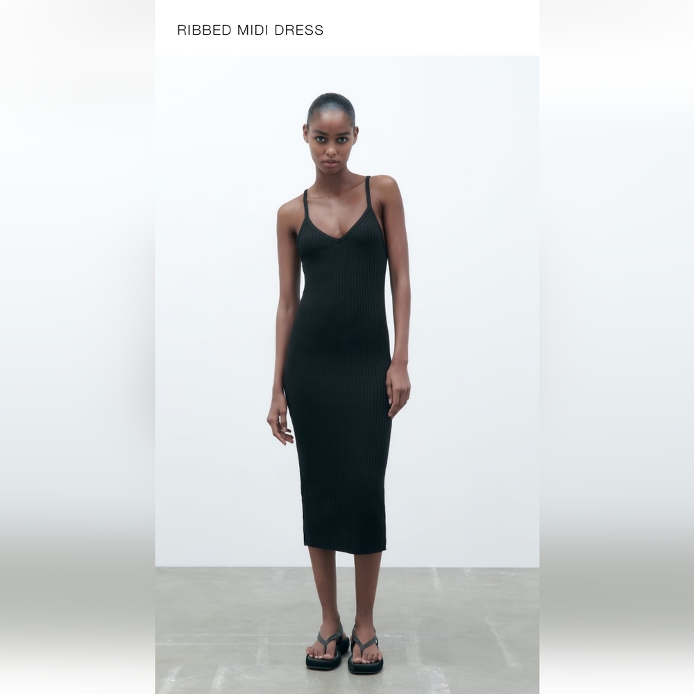 Zara Ribbed Knit Midi Dress Black Sweater NWT Size M Medium